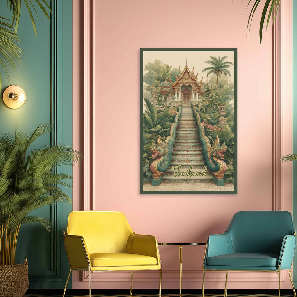 Modern interior with a pink wall, yellow chair, blue armchair, and framed artwork of a temple.