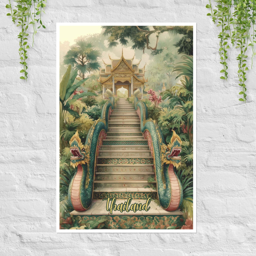 Naga Stairs Thailand jungle temple poster with mythical serpents