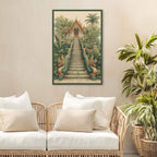 Framed artwork of a temple scene on a wall above a wicker sofa with white cushions.