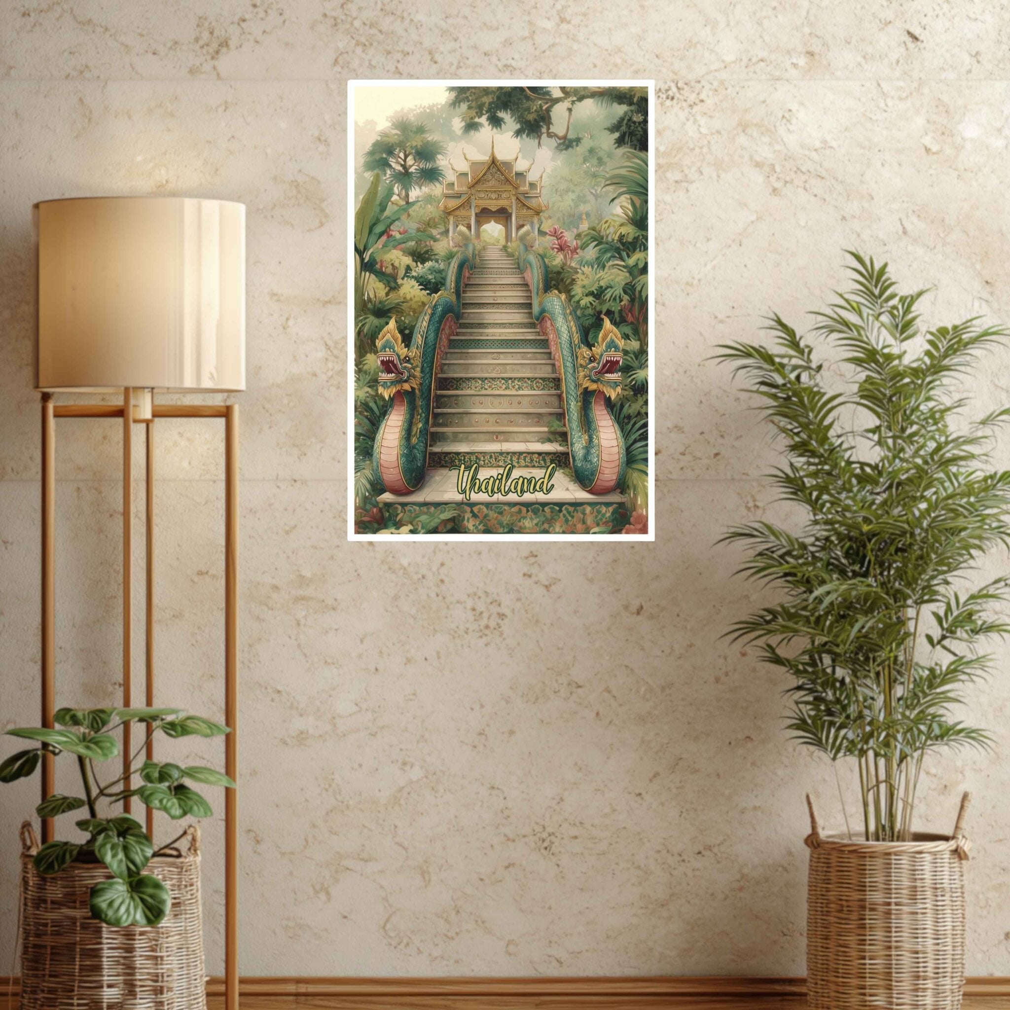 Decorative poster of a temple staircase on a wall with plants and a lamp.