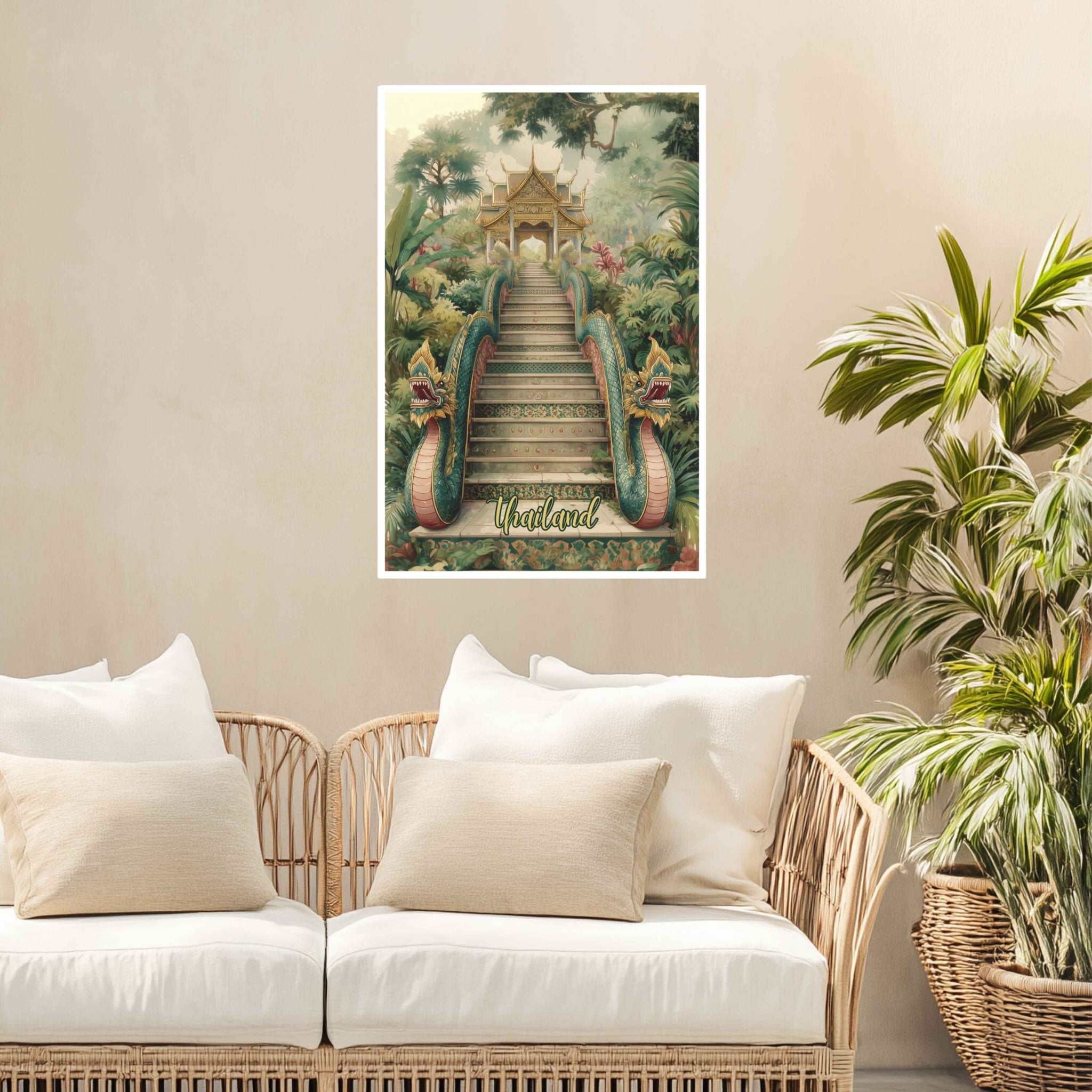 Decorative poster of a temple pathway on a wall above a wicker sofa with white cushions.