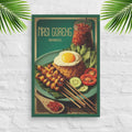 Canva of Nasi Goreng with green leaves on a white textured wall