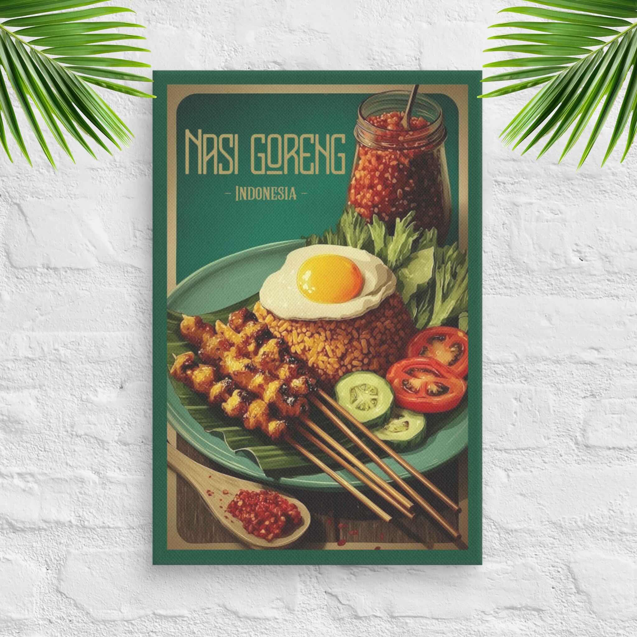 Canva of Nasi Goreng with green leaves on a white textured wall