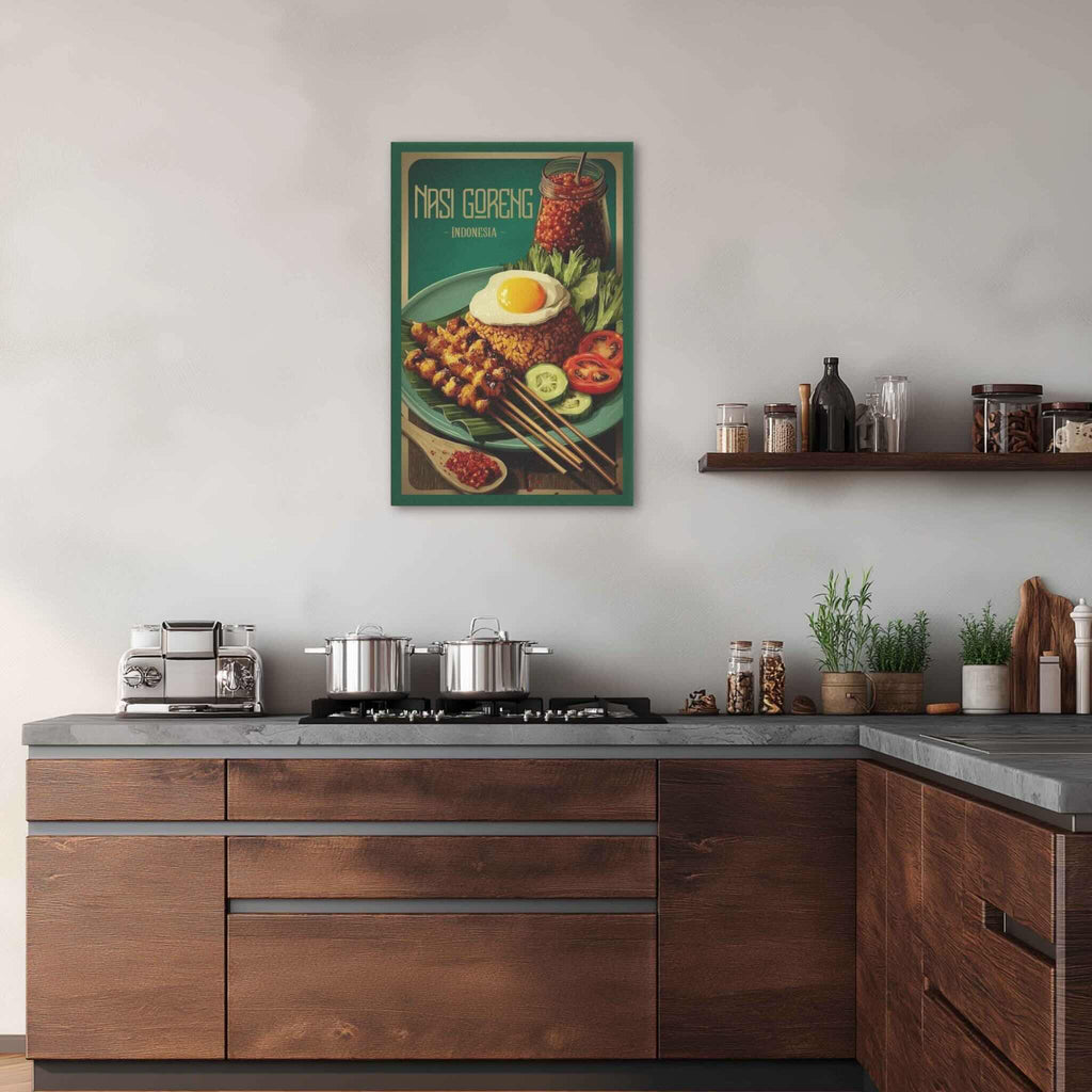 Modern kitchen with wooden cabinets, a stove, and a decorative Nasi Goreng Canva on the wall.