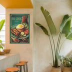 Canva of Nasi Goreng on a wall with plants and stools in the foreground