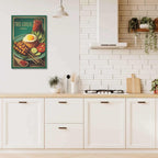 Modern kitchen with white cabinets, wooden countertop, and a decorative Nasi Goreng canva on the wall.