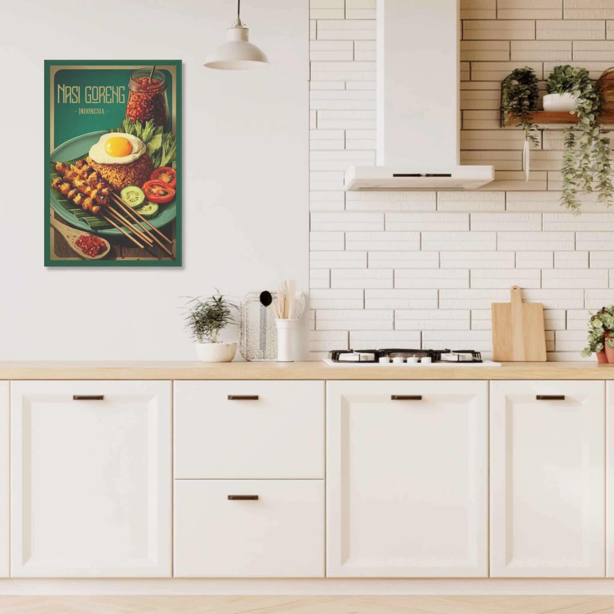Modern kitchen with white cabinets, wooden countertop, and a decorative Nasi Goreng canva on the wall.