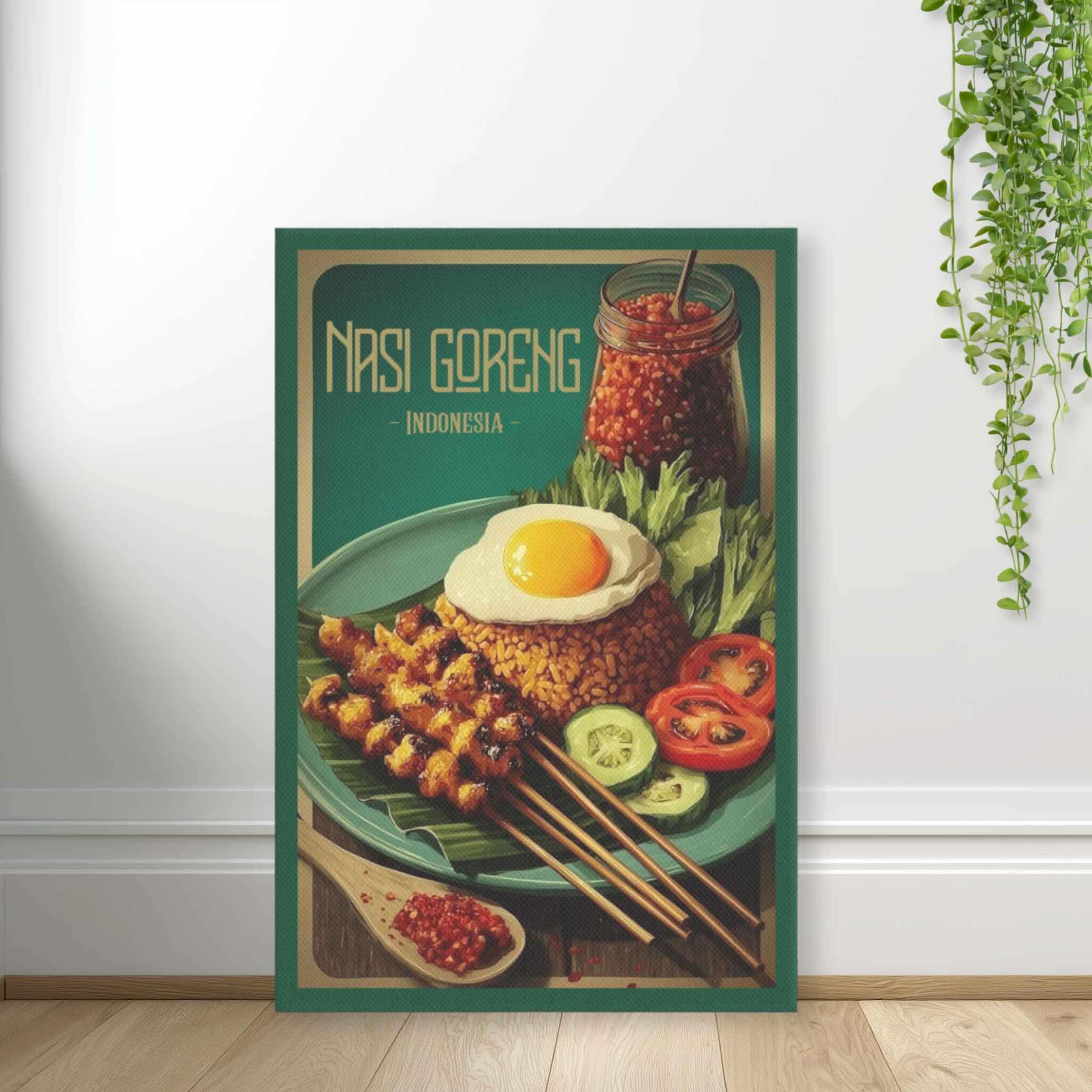 Canva artwork of Nasi Goreng with a green border leaning on a white wall.