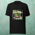 Black t-shirt with a nasi goreng graphic design on a textured teal background