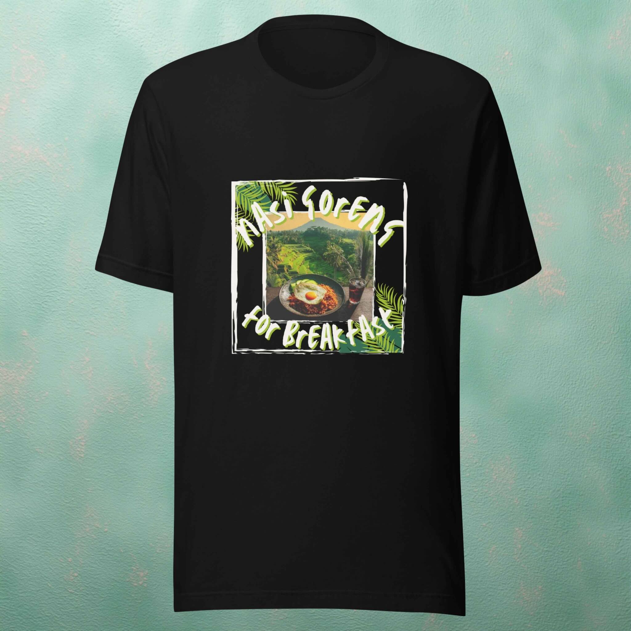 Black t-shirt with a nasi goreng graphic design on a textured teal background