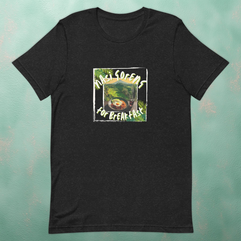 Front view of Nasi Goreng for Breakfast graphic flatlay t-shirt