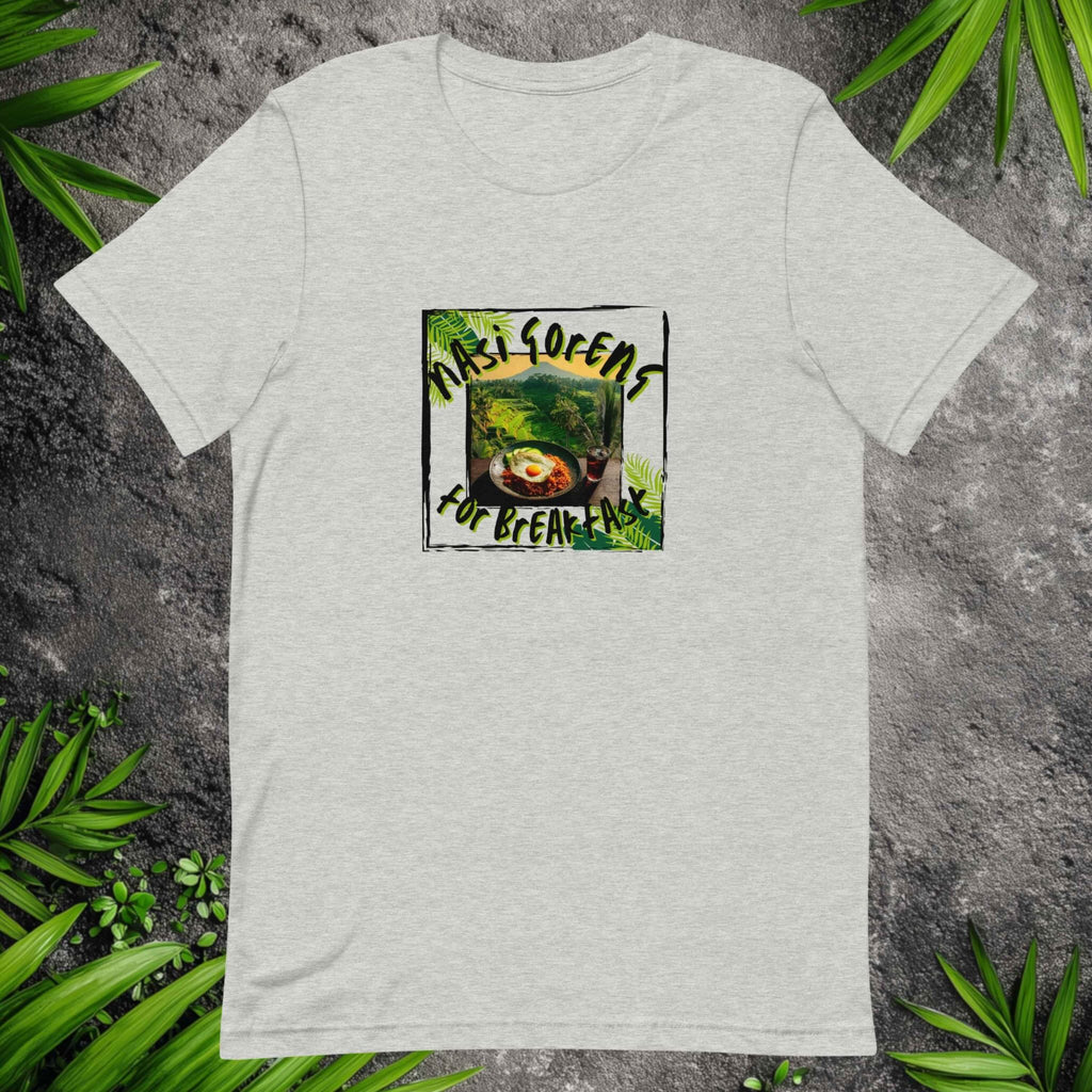 Front view of Nasi Goreng for Breakfast graphic flatlay t-shirt