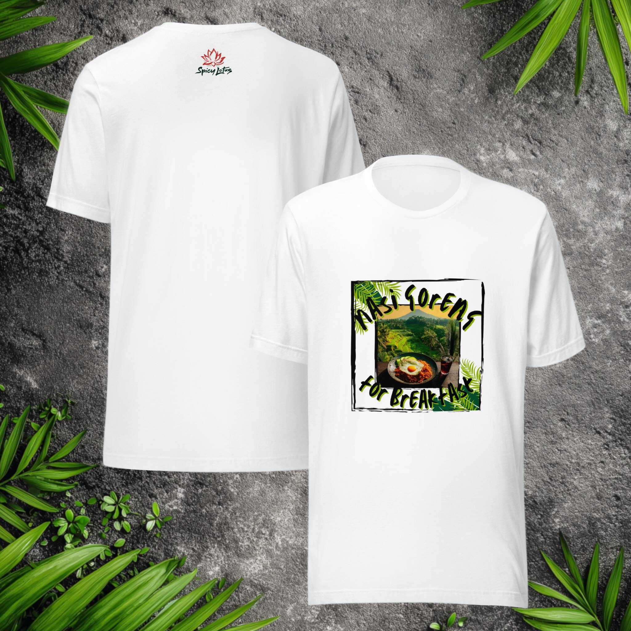 Front/Back view of Nasi Goreng for Breakfast graphic ghost t-shirt