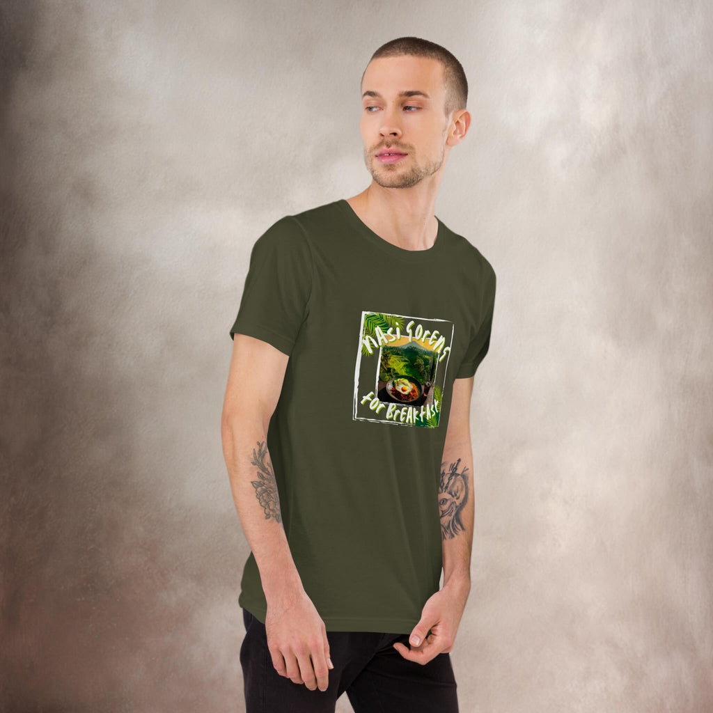 Man wearing a green t-shirt with a graphic design  of Nasi Goreng on a textured brown background