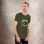 Man wearing a green t-shirt with a graphic design  of Nasi Goreng on a textured brown background