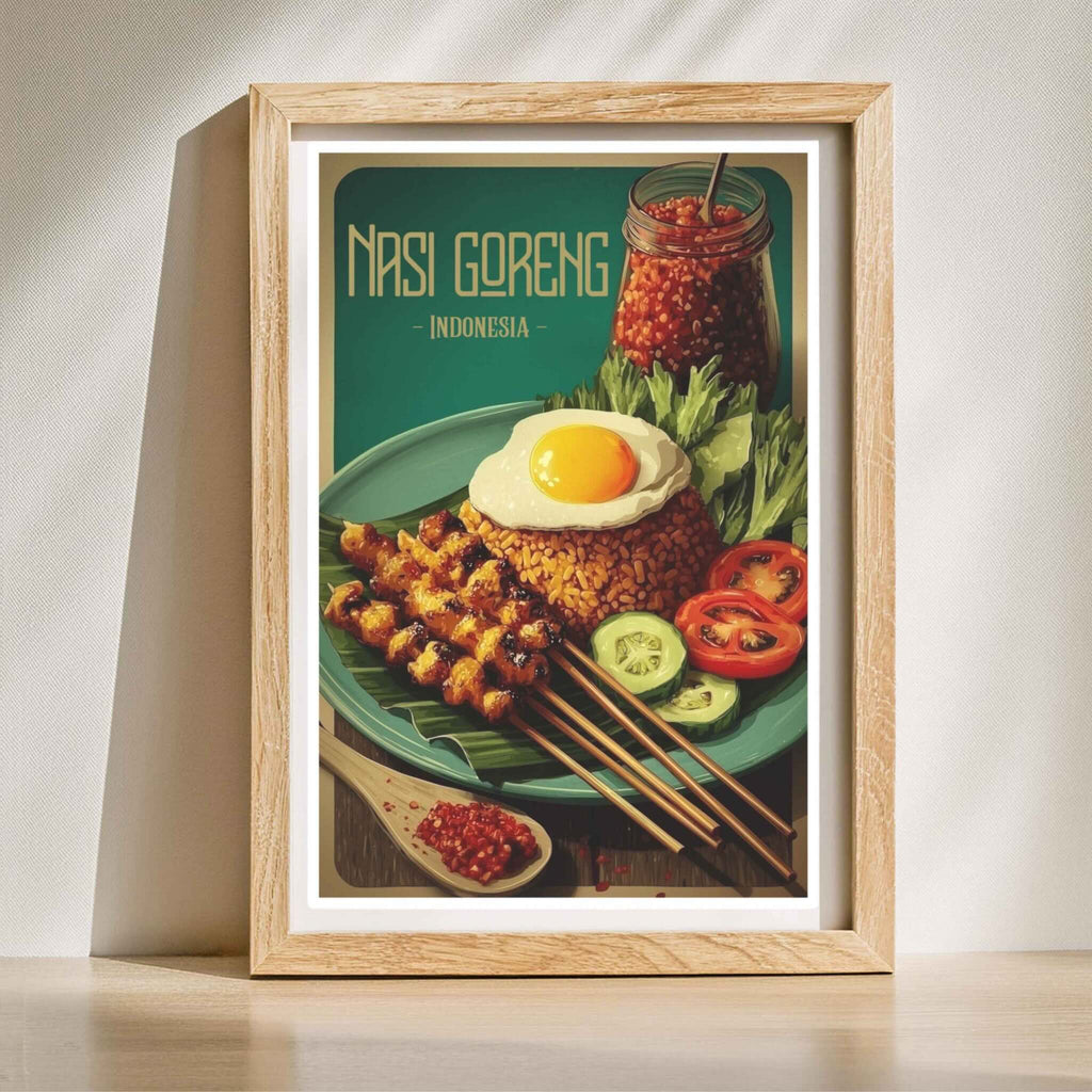Framed poster of Nasi Goreng in a wooden frame on a white background