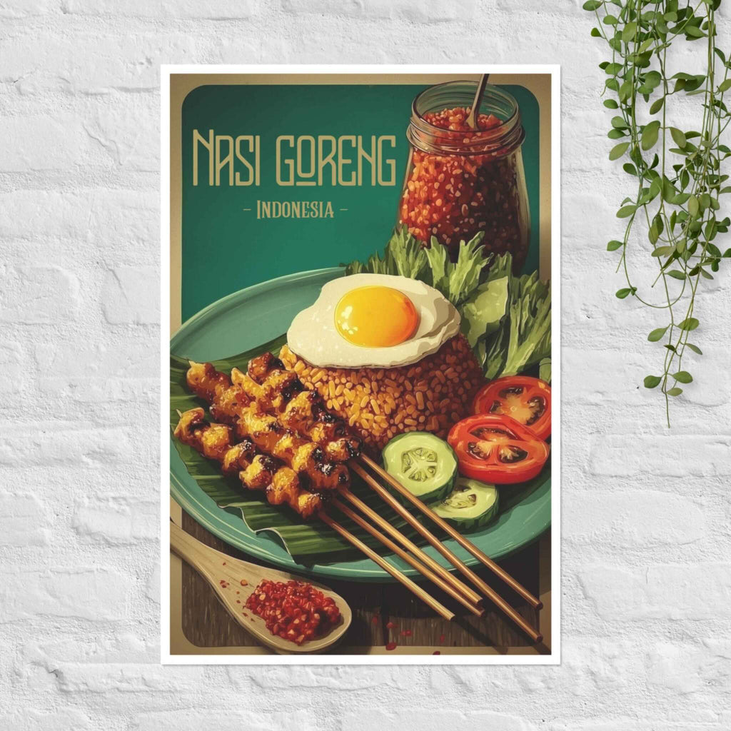Poster of Nasi Goreng with fried rice, egg, and vegetables on a green plate.
