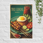 Poster of Nasi Goreng with fried rice, egg, and vegetables on a green plate.