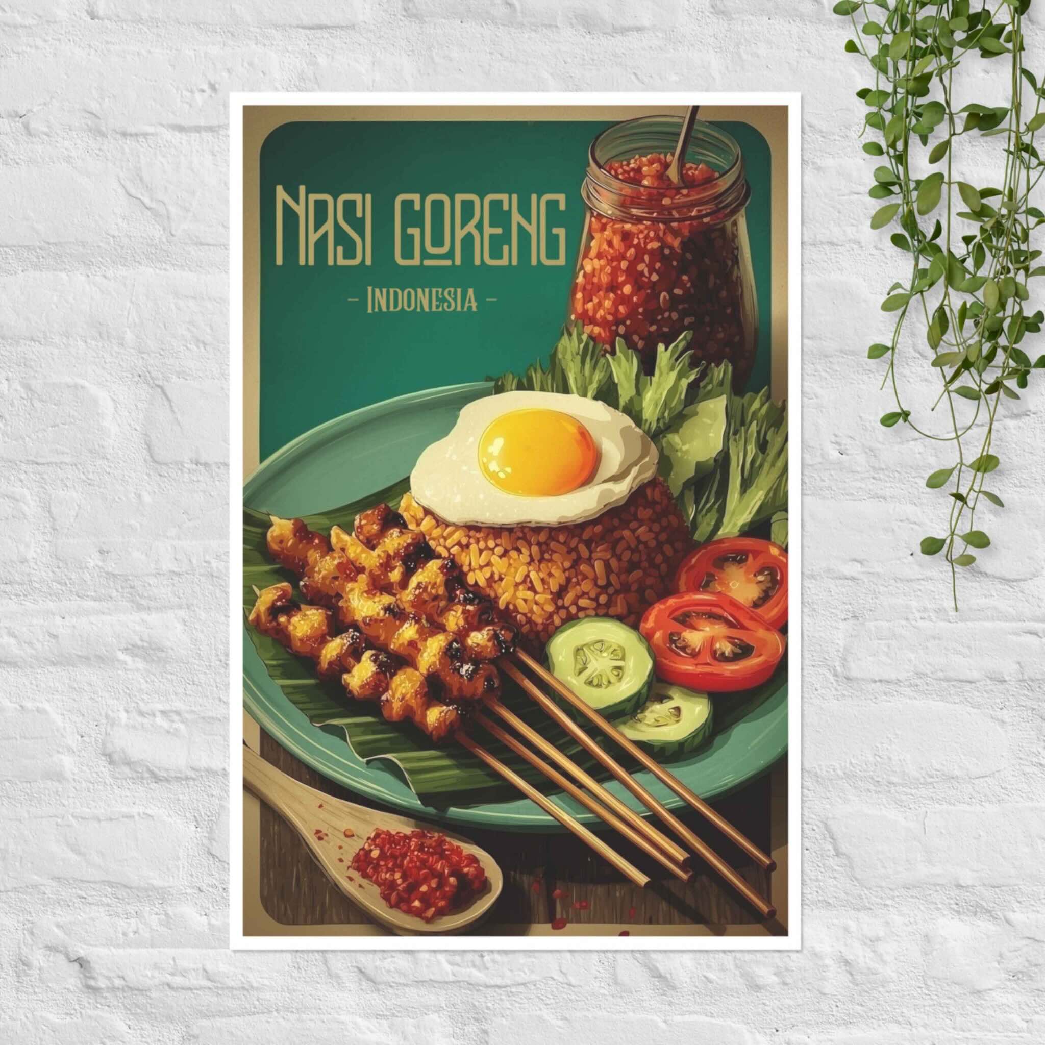 Poster of Nasi Goreng with fried rice, egg, and vegetables on a green plate.