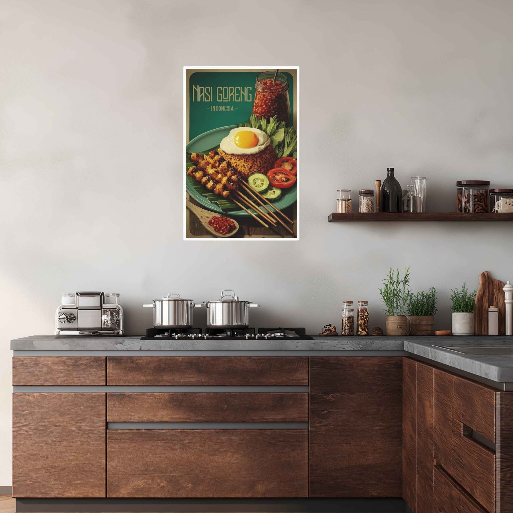 Kitchen interior with a poster of nasi goreng dish on the wall