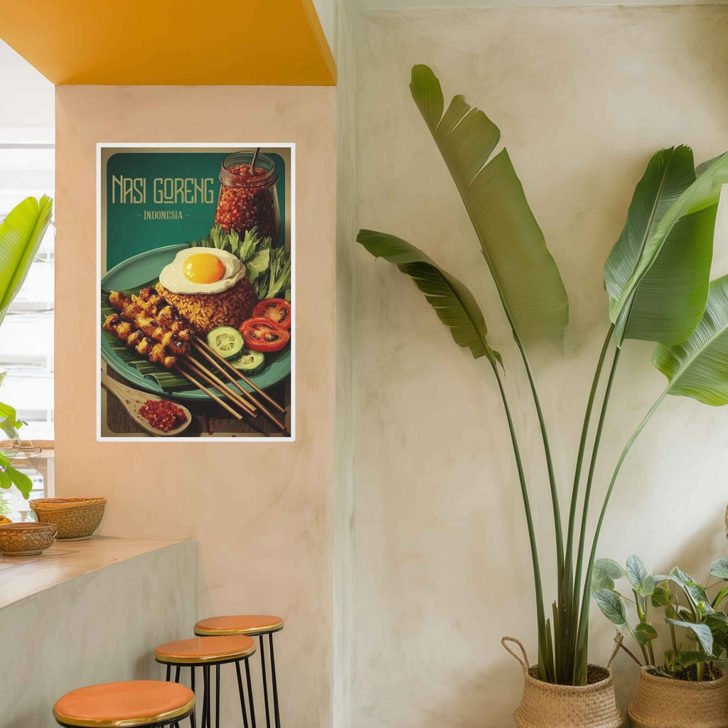 Poster of Nasi Goreng dish on a wall with plants and stools in the foreground