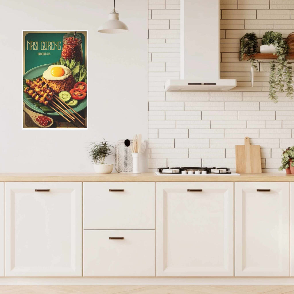 Modern kitchen with white cabinets, wooden countertop, and a decorative nasi goreng poster on the wall