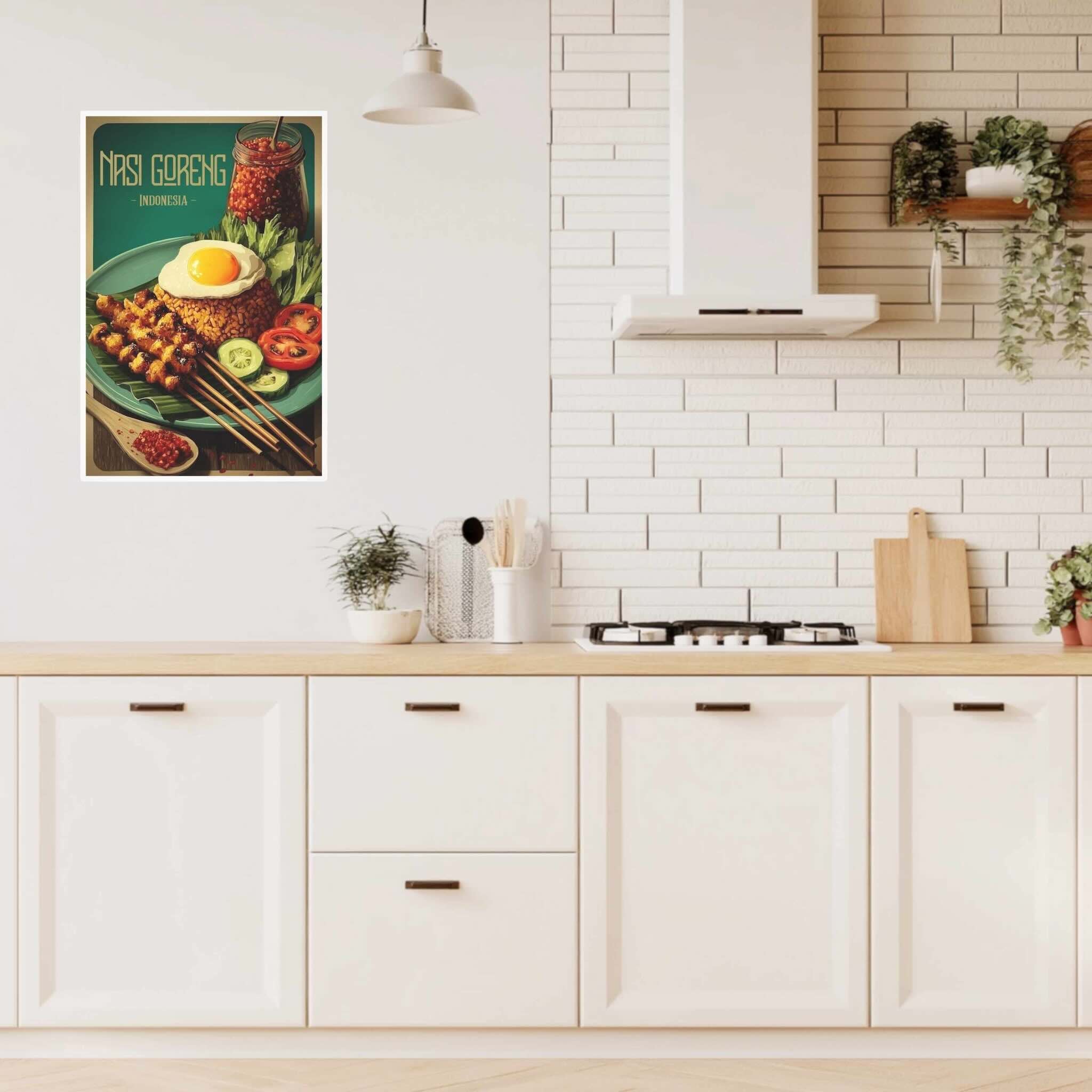 Modern kitchen with white cabinets, wooden countertop, and a decorative nasi goreng poster on the wall