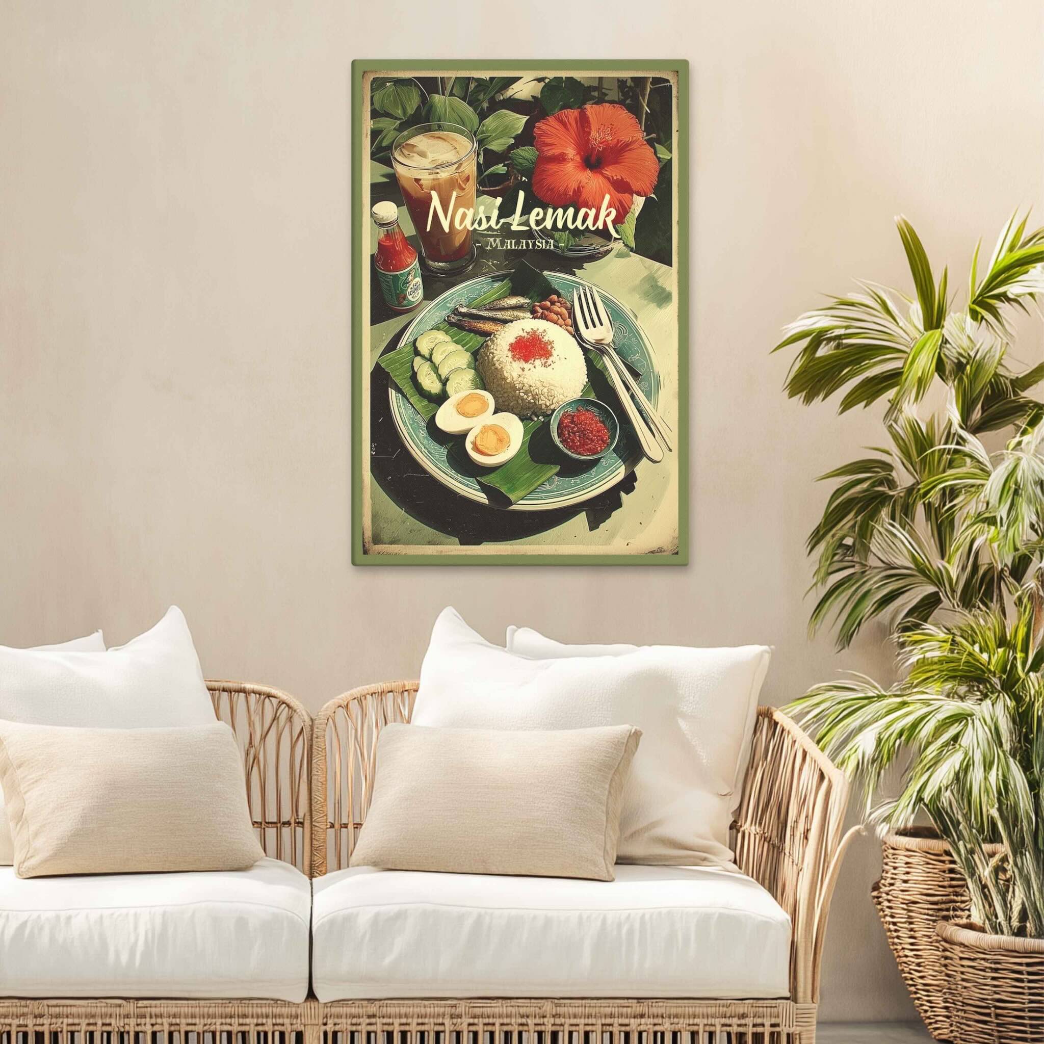 Poster of Nasi Lemak on a wall above a wicker sofa with white cushions.