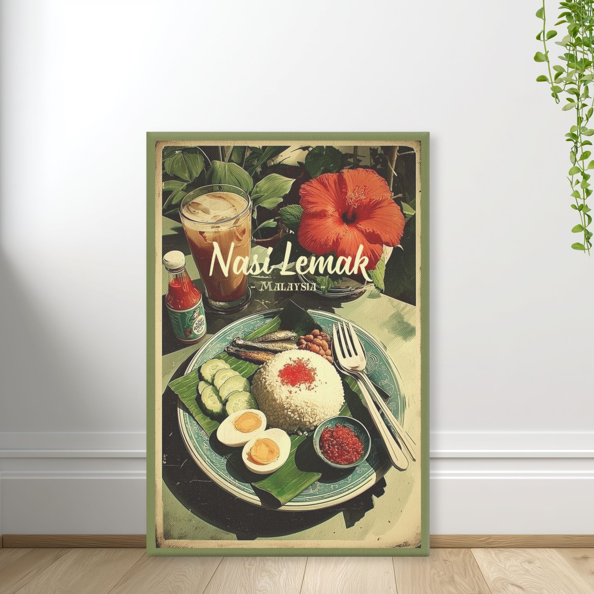Malaysian cuisine illustration with coconut rice and sambal standing against wall