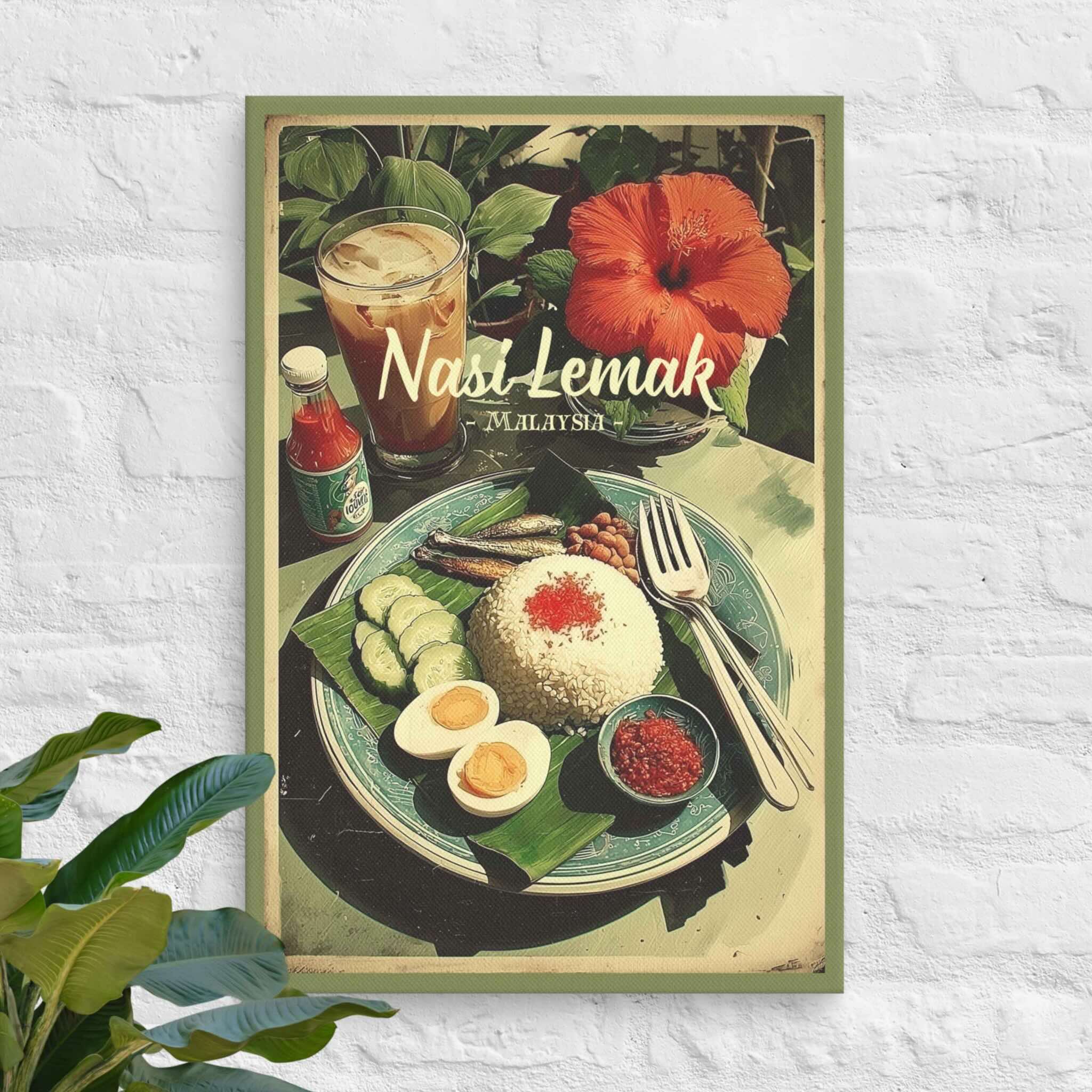 Nasi Lemak banana leaf dish wall art on cotton canvas
