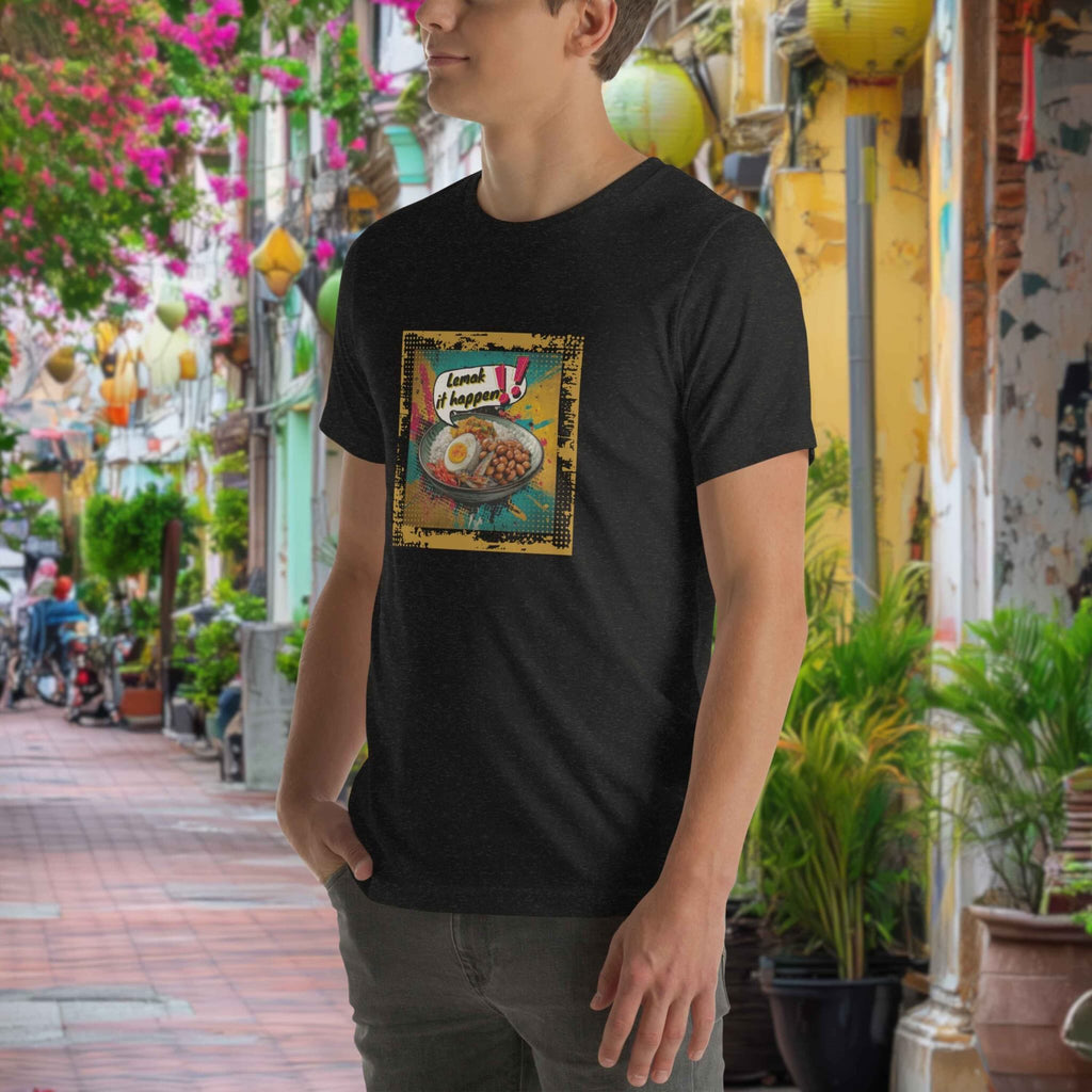 Person wearing a black t-shirt with a colorful Nasi Lemak graphic design in an outdoor setting.