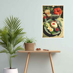 Poster of Nasi Lemak on a wall above a wooden table with plants.