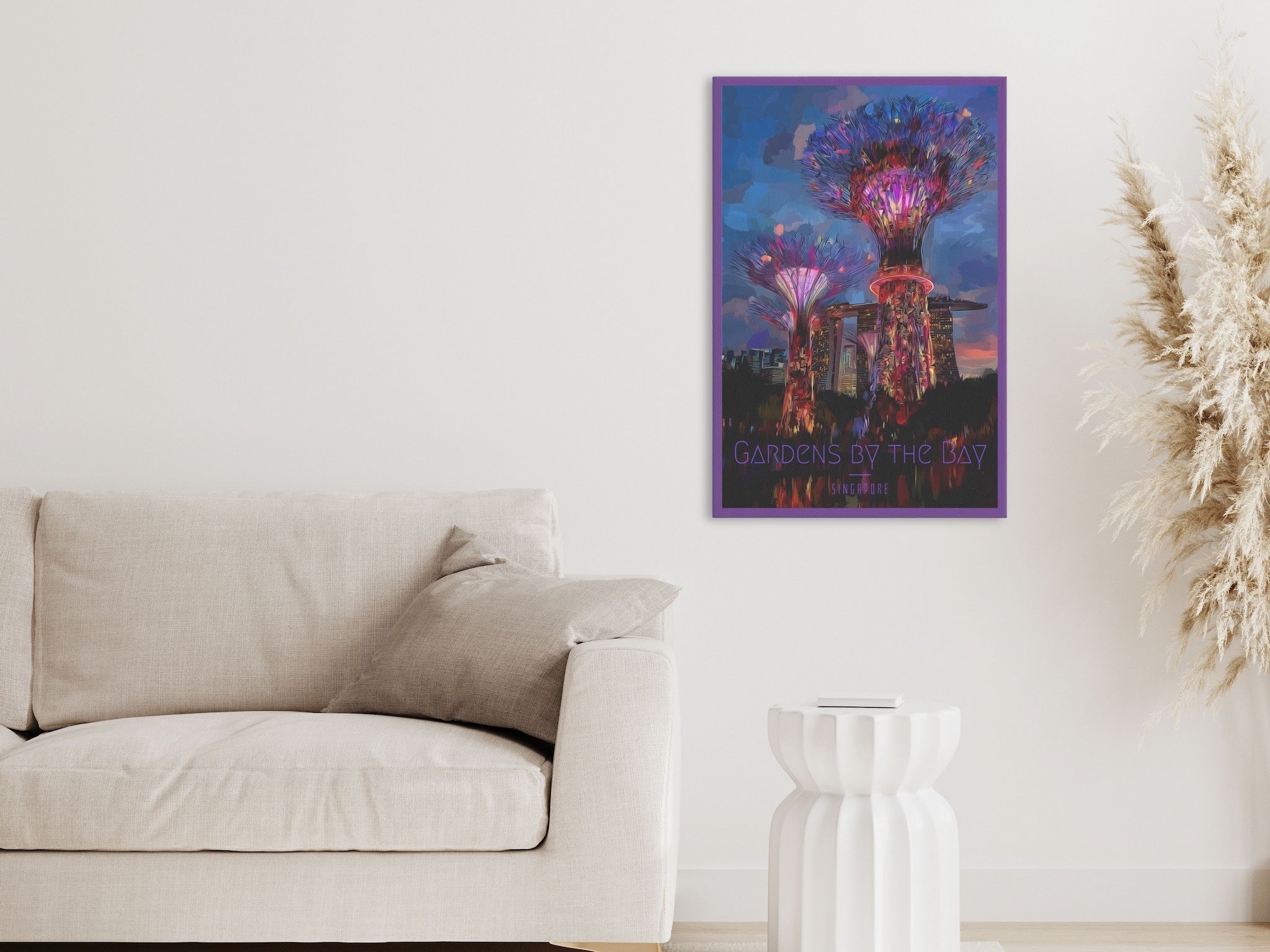 Vertical Neon Supertrees canvas in living room