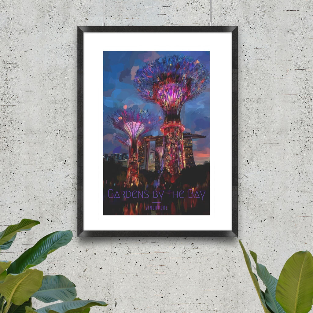 Singapore cityscape poster with neon lights and architectural elegance of Supertrees