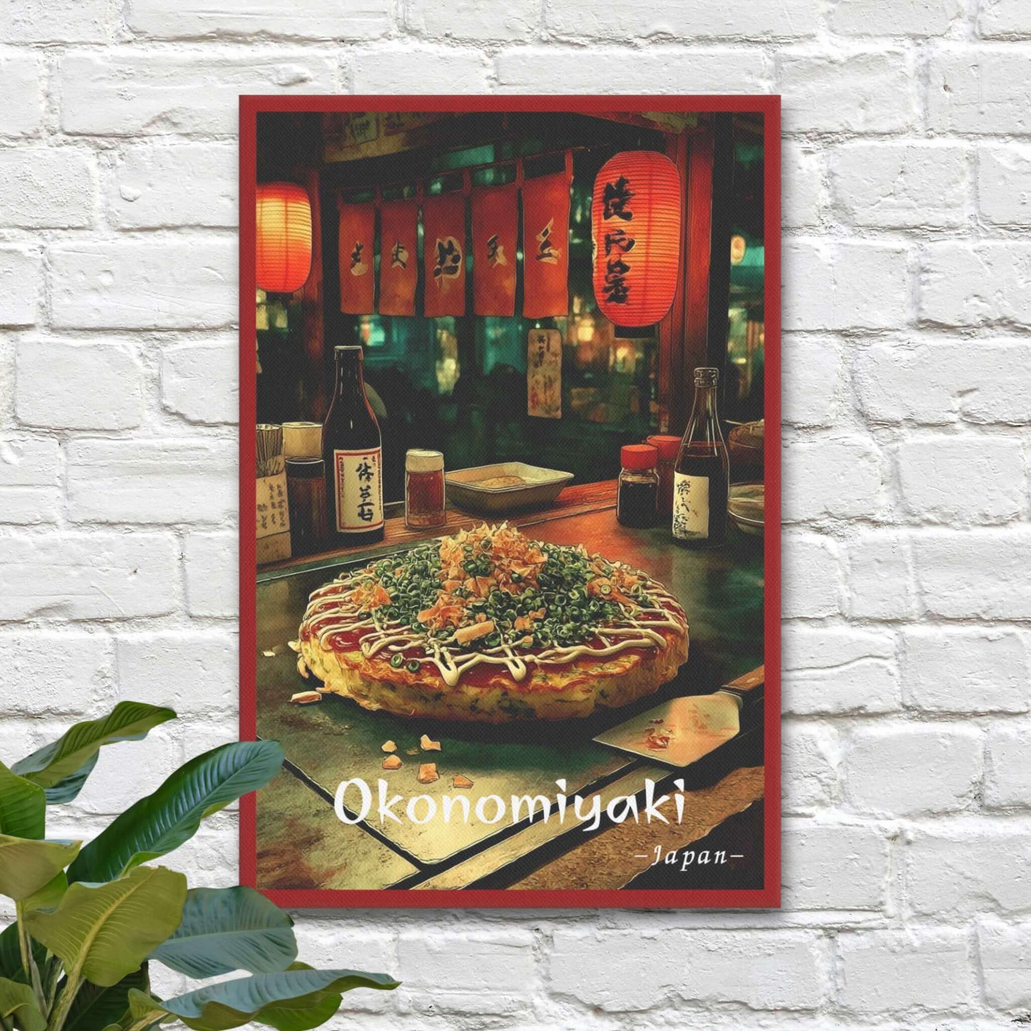 Japanese okonomiyaki street food canvas with warm night lighting