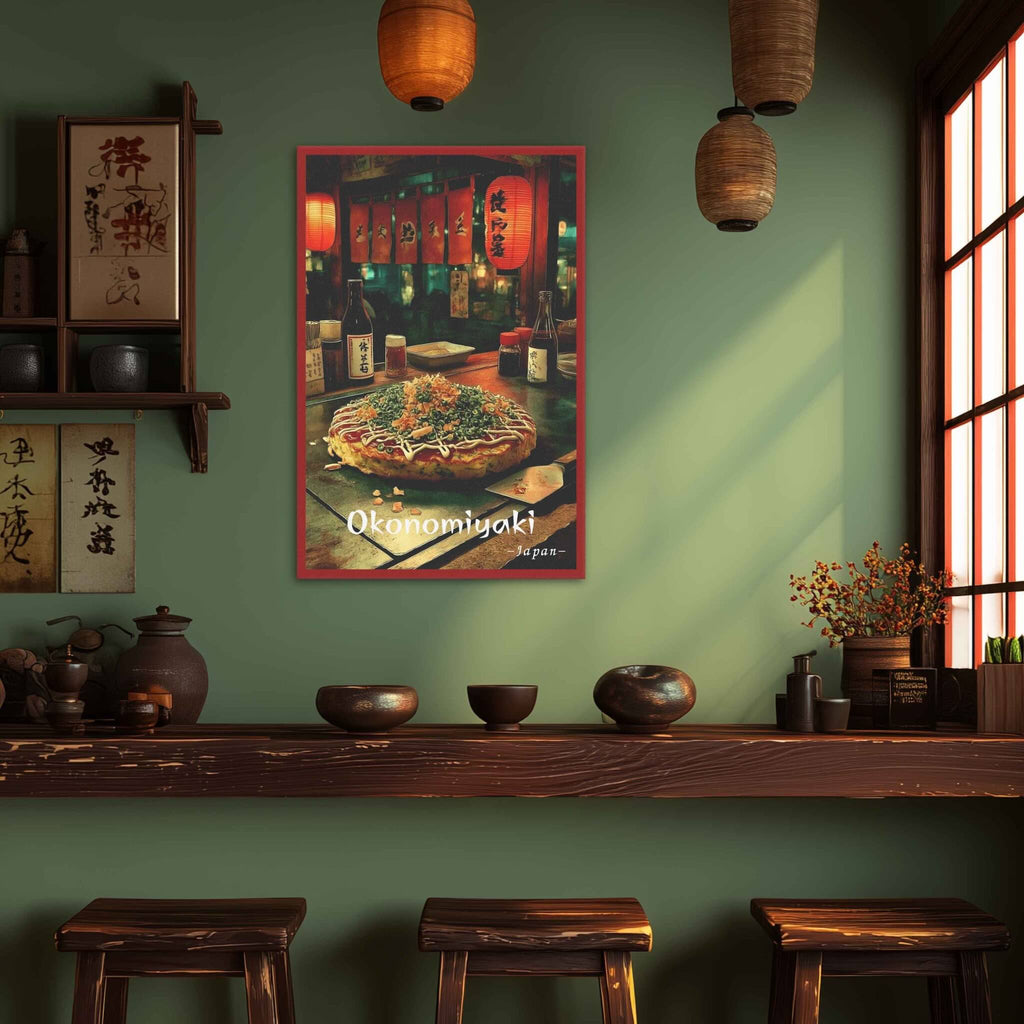 Poster of Okonomiyaki on a green wall with wooden shelves and stools.