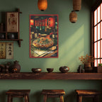 Poster of Okonomiyaki on a green wall with wooden shelves and stools.