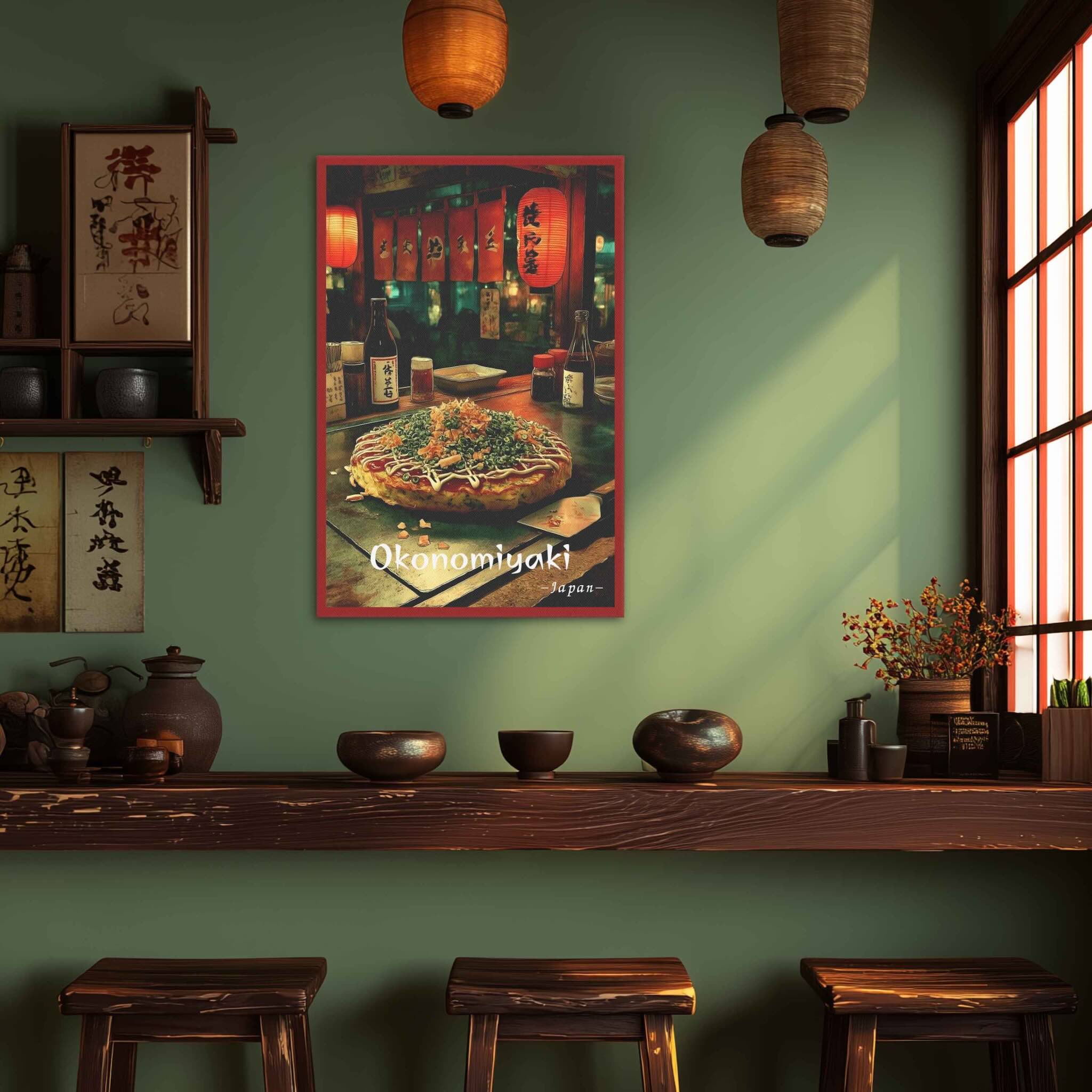 Poster of Okonomiyaki on a green wall with wooden shelves and stools.