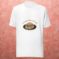 White t-shirt with an okonomiyaki graphic design on a pink textured background