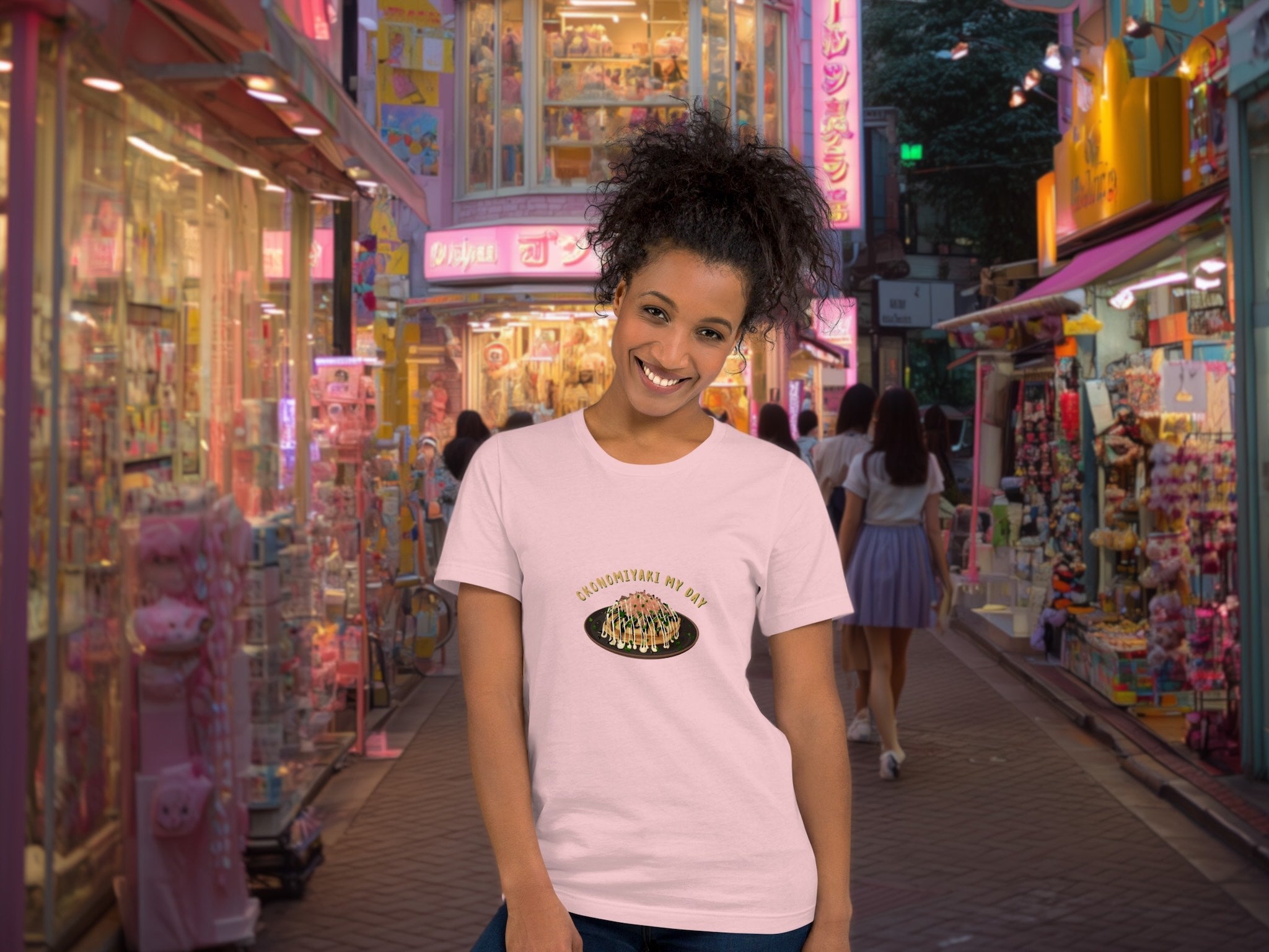 Model wearing Okonomiyaki My Day t-shirt in modern urban setting