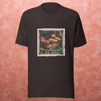 Black t-shirt with a okonomiyaki graphic design on a pink textured background