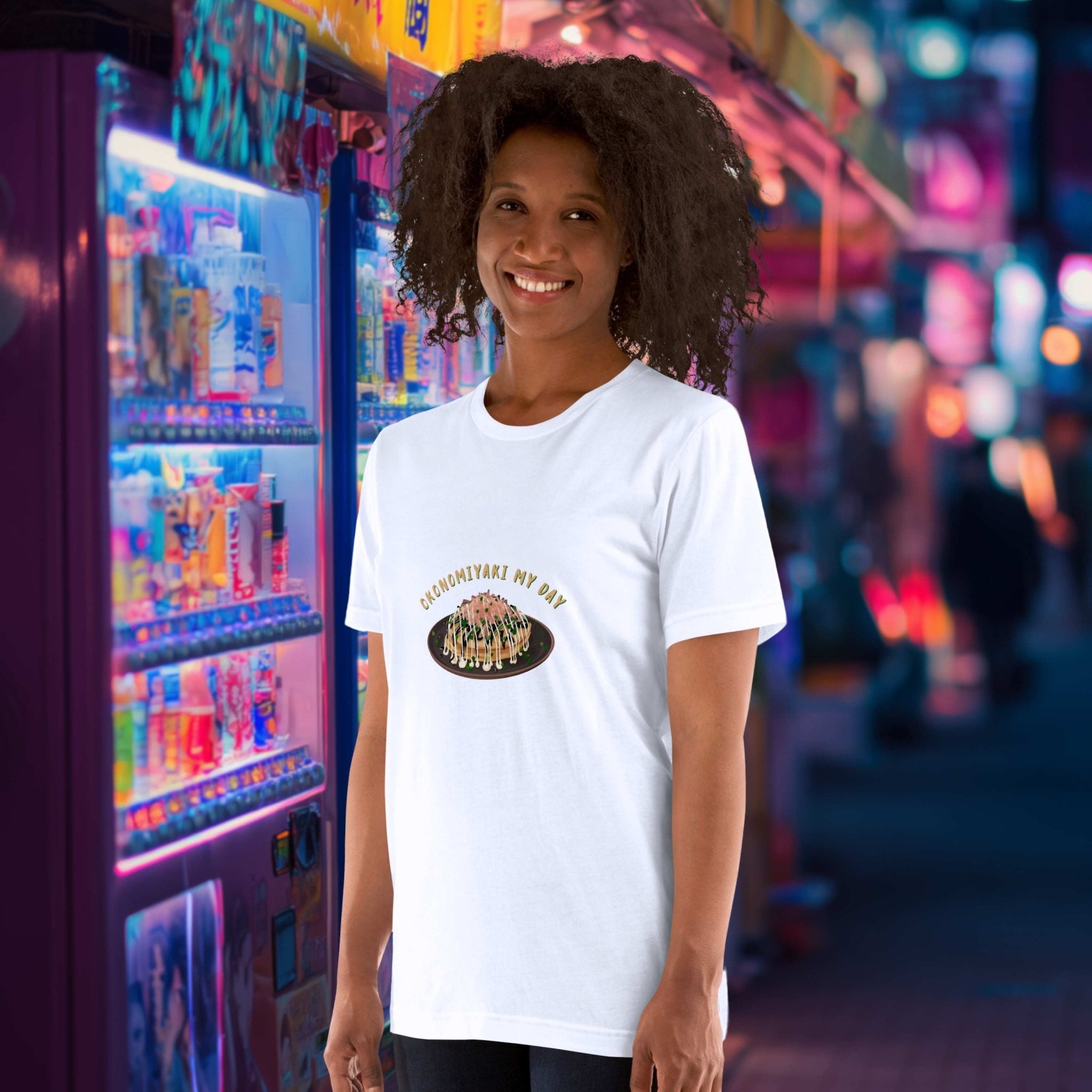 Model wearing Okonomiyaki My Day t-shirt in modern urban setting side view