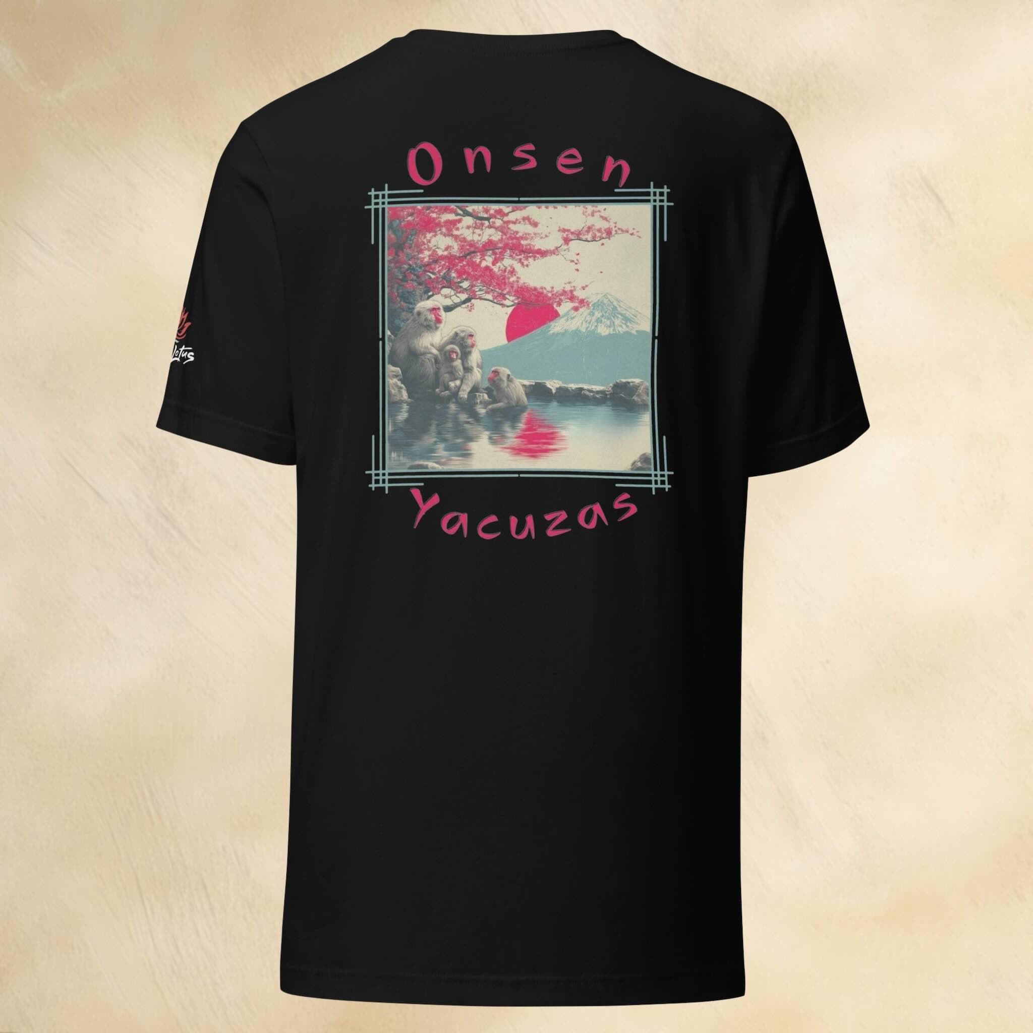 Black t-shirt with monkeys in onsen graphic design and text on the back against a beige background