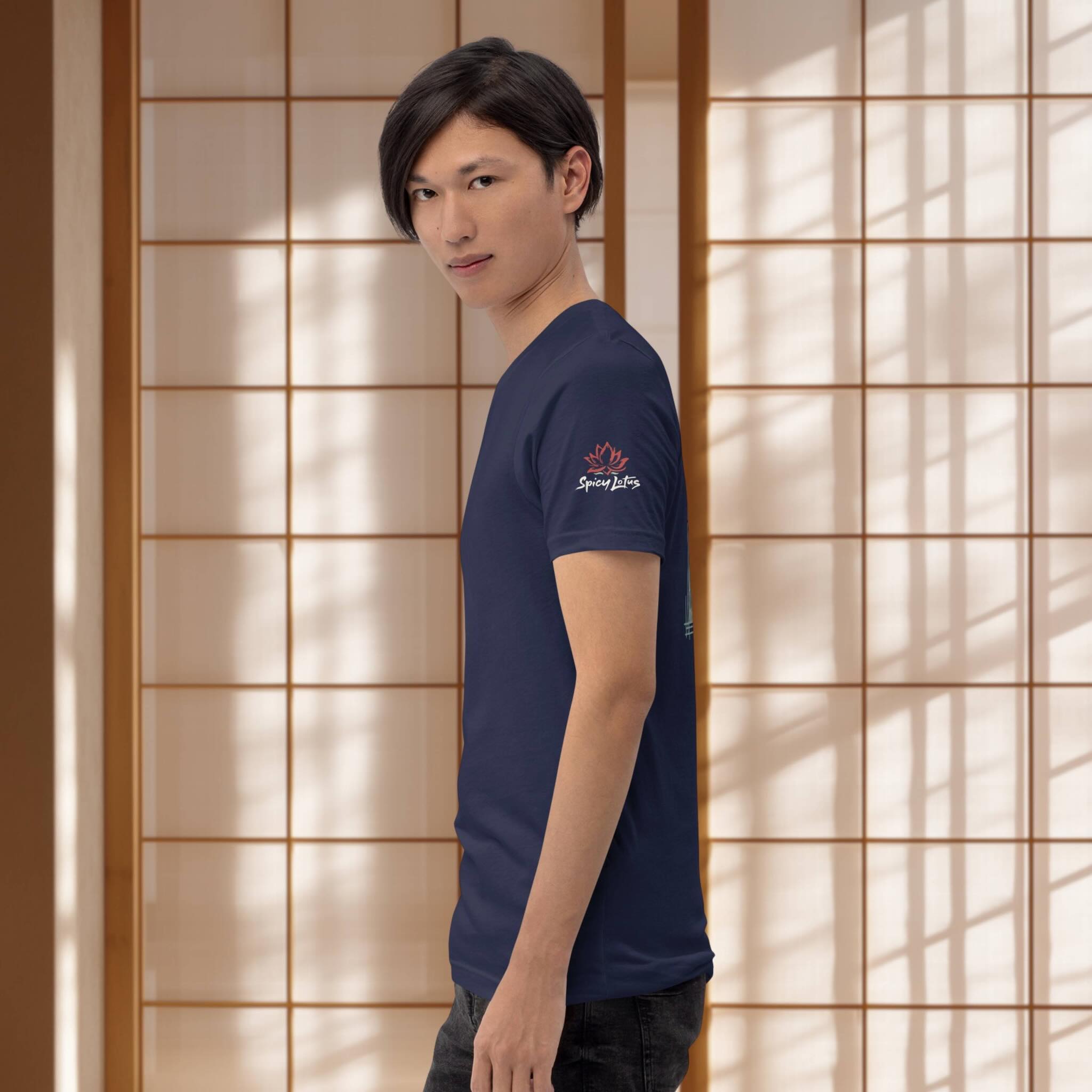 Ukiyo-e inspired Japan onsen graphic tee side view sleeve logo on a young man in front of japanese paravent