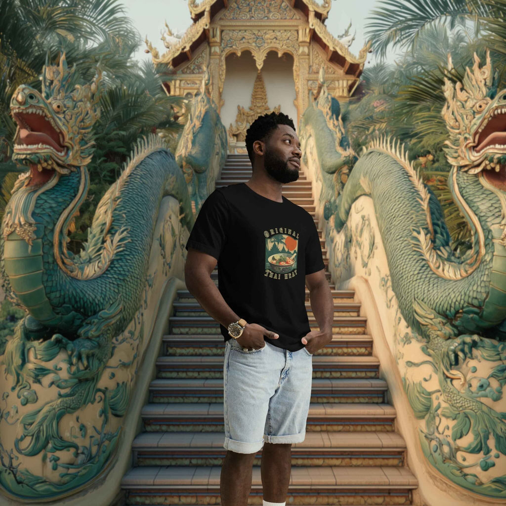 Man standing on a staircase flanked by dragon sculptures in front of thai temple stair case, wearing a 'Original Thai Heat" Tom Yung Gong Soup graphic