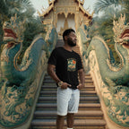 Man standing on a staircase flanked by dragon sculptures in front of thai temple stair case, wearing a 'Original Thai Heat" Tom Yung Gong Soup graphic