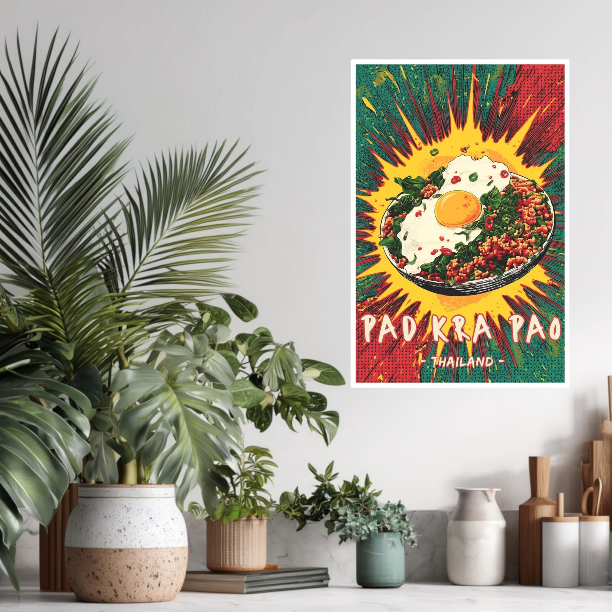 Pop-art Thai street food wall art in kitchen lifestyle setup