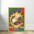 Canvas with vibrant comic food illustration standing against wall