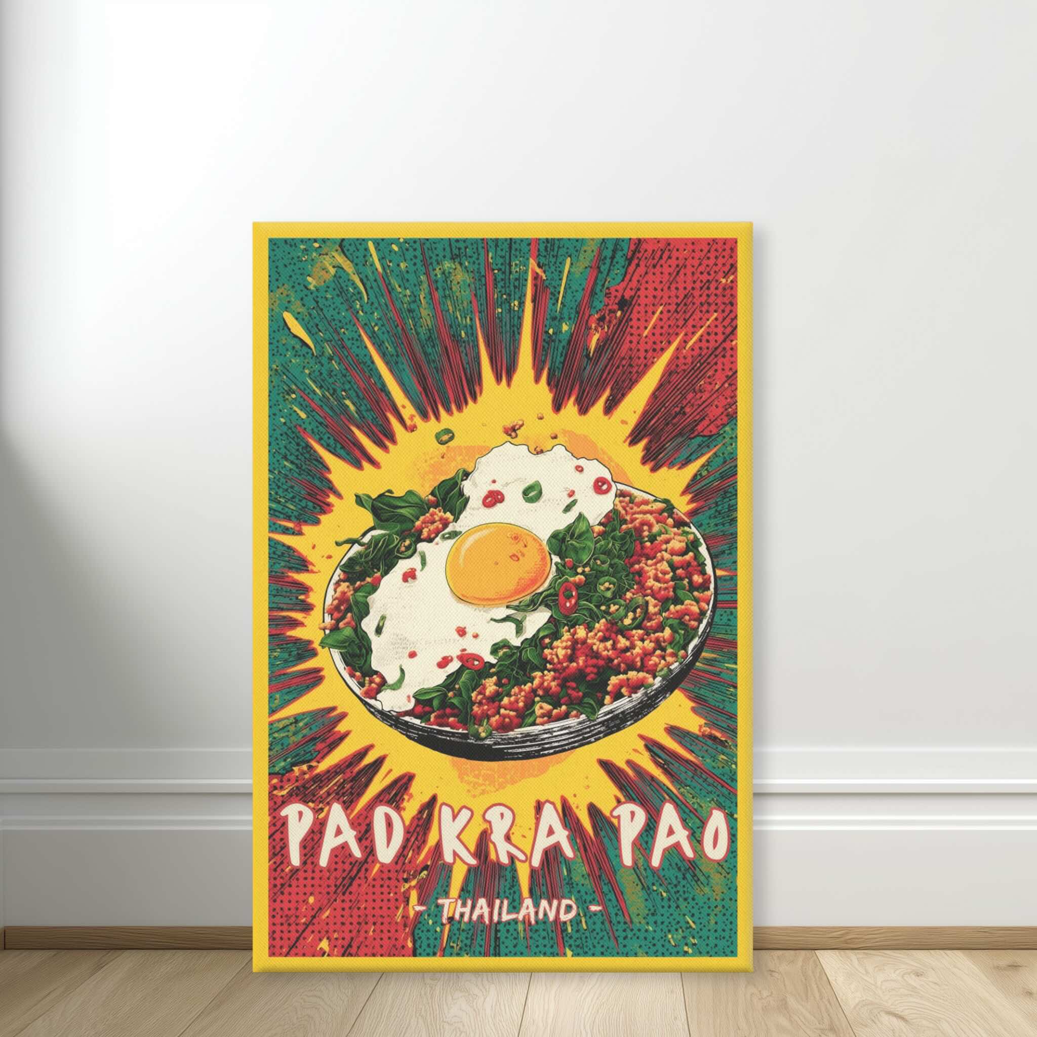 Canvas with vibrant comic food illustration standing against wall