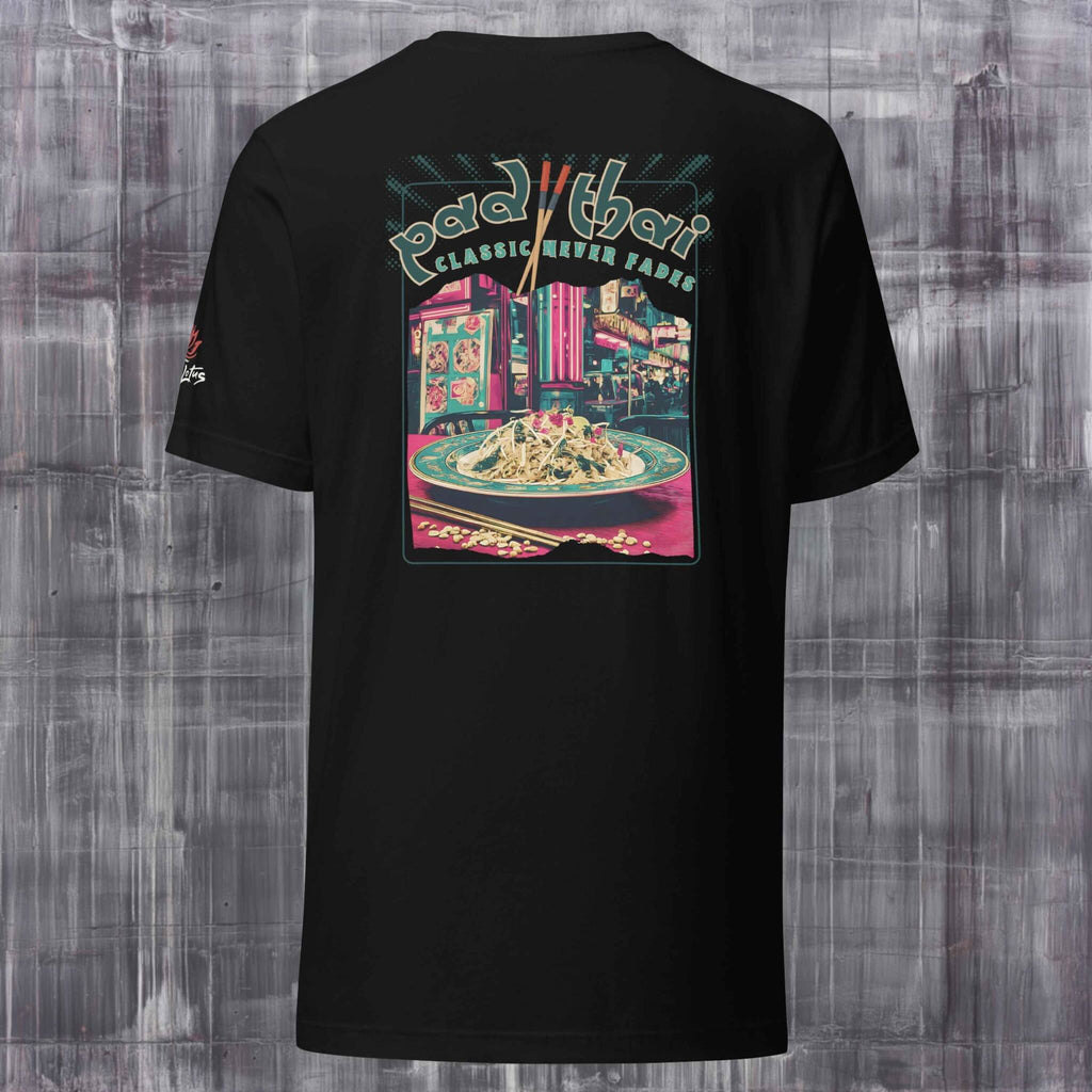 Black t-shirt with Pad Thai graphic design on a textured gray background